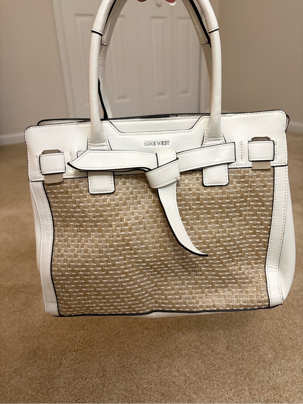 Nine West White and Tan Woven Satchel